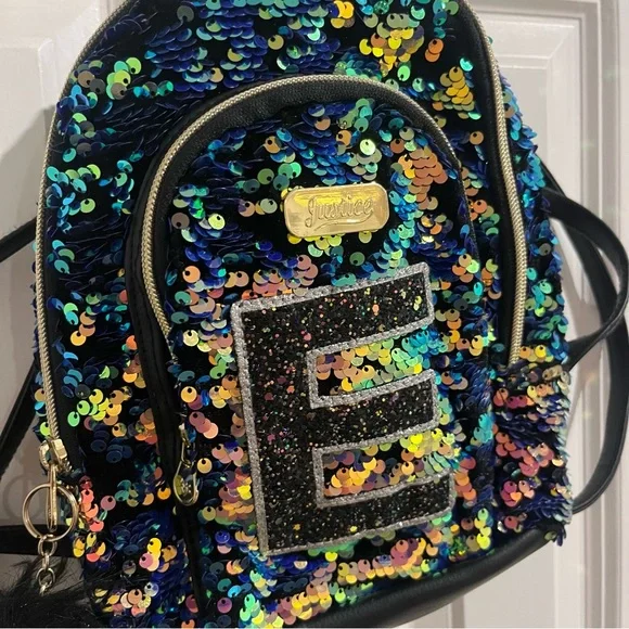 Justice Black and Multicolor Sequin Mini Backpack with Initial E - Picture 2 of 4